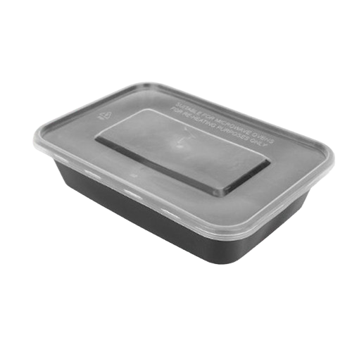Microwavable black plastic rectangular container with clear lid 17 oz	