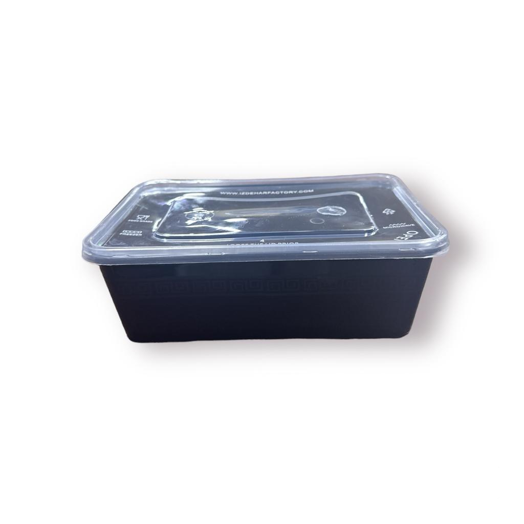 Microwavable black plastic rectangular container with clear lid 25 oz	