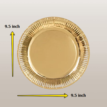 طبق حفلة مستدير مصنوع من الورق ومغطى بطبقة عازلة من الألومنيوم الذهبي الغذائي بقطر 9.5 بوصة