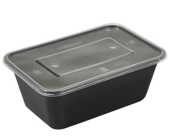 Microwavable black plastic rectangular container with clear lid 33 oz